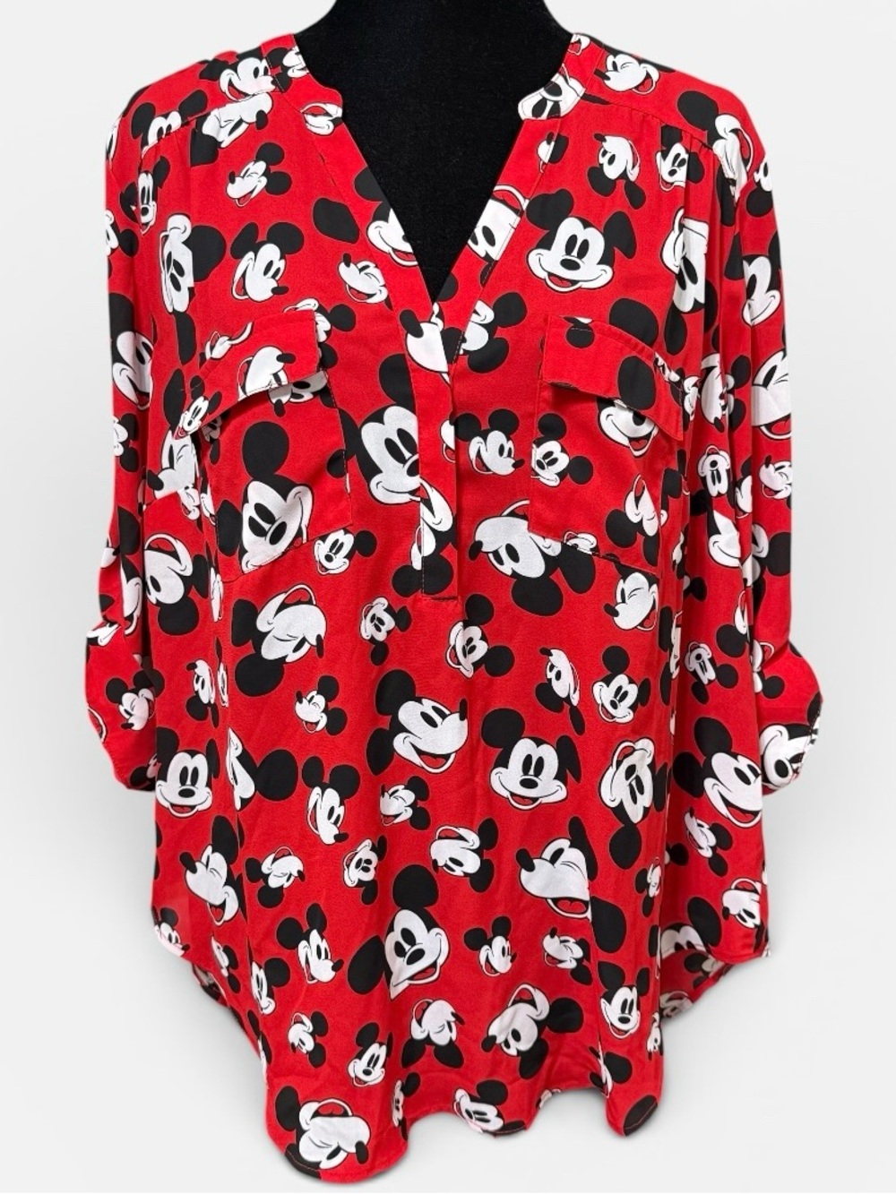 Disney Torrid Mickey Mouse Blouse Size 1 Red 3/4 Sleeve Harper Top Plus 1X